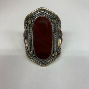 Bold Red Stone Artisan-Style Cuff Bracelet with Mixed Metal Details